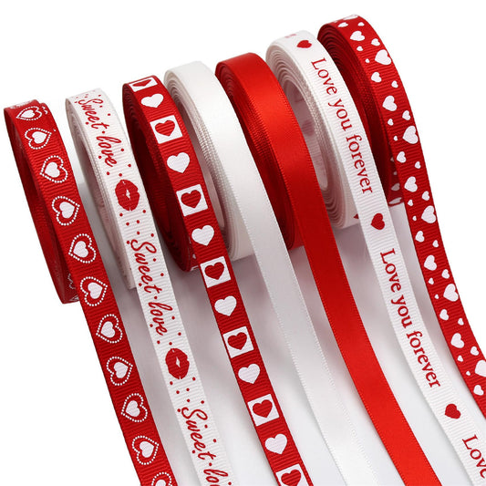 SCECALA 7 Rolls Red Ribbon (35 Yards Total) - Gold Foil Stamped Love You Forever Polyester Heart White Ribbon 0.63" for Gift Wrapping, Flower Bouquets, DIY Crafts, Party Decorations