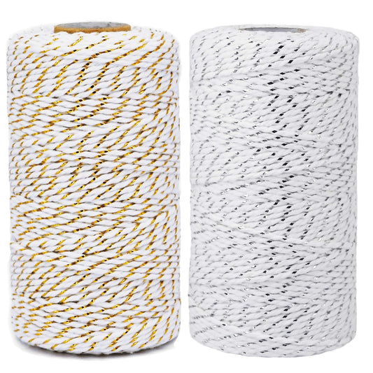 Cotton Twine,2 Rolls,656 Feet in Total,Gold&White and Silver&White,for Gift Wrapping DIY Crafts Wedding Decor