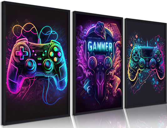 3pcs Cool Gaming Wall Art Video Game Posters Prints Colorful Neon Gamepad Canvas Painting Pictures Wall Decor for Boys Room Kids Game Room Bedroom Home Decoration Unframed(12"x16"x3)
