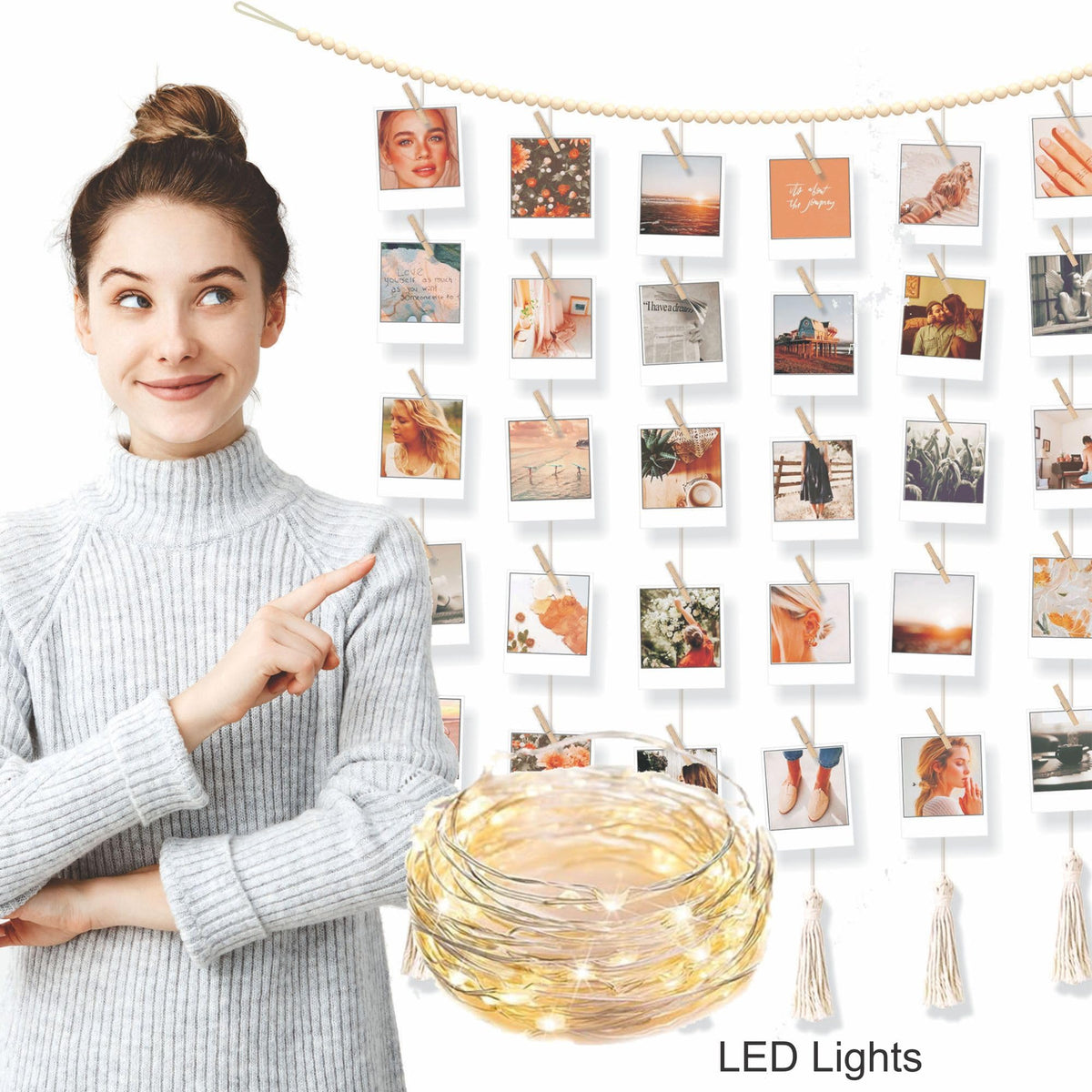 Hanging Photo Display with Clips Wall Boho Decor Beads Garland with Led Lights - Sculptural Picture Frames Collage - 30 Clothespins - 2 Non-Trace Hook - Photo Clip String Lights - 45 x 45 inch