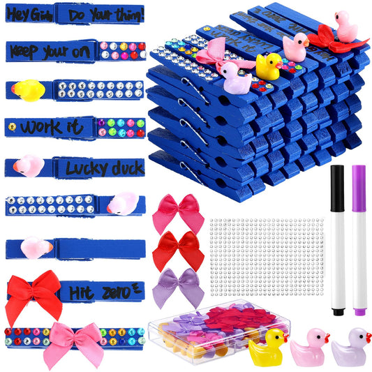 Dingion 60 Set Cheer Pins Spirit Clips Include 60 Wooden Clothes Pin Resin Ducks Bows Self Adhesive Glitter Sticker Pen Glue Ribbon for DIY Cheer Accessory Schoolbag Decor Team Craft Gift(Blue)