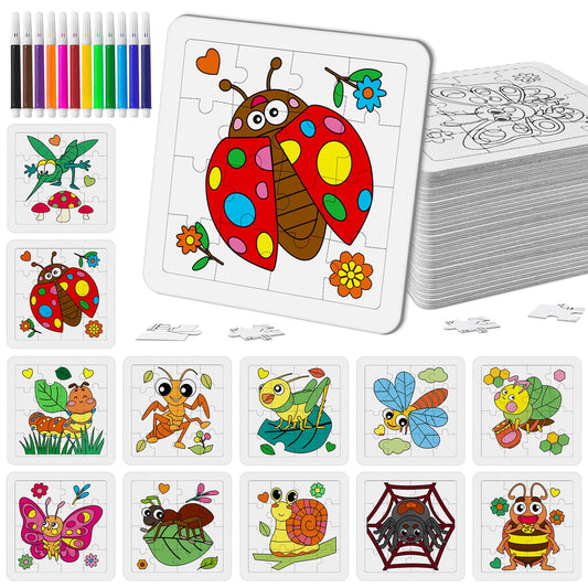Cinrobiye 24 Pack Insect Coloring Jigsaw Puzzle Craft Kit, DIY Color Your Own Bug Puzzle Art Activity, Insect Party Favors Goodie Bag Gifts,Classroom Craft Decorations, Spring Craft Set
