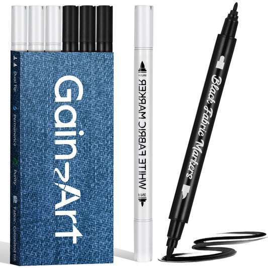 Gain-Art Fabric Marker for Clothes 6PCS, Wash-Resistant, No Bleed, Quick Dry Professional Dual Tip Pen, Permanent Paint for Clothing, Canvas Cover Stains, DIY Art Crafting White &Black