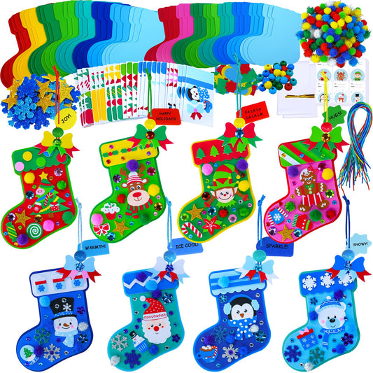 Winlyn 24 Sets Christmas Decorations DIY 3D Stocking Tree Ornaments Winter Crafts Kits Foam Stocking with Festive Foam Stickers for Kids Holiday Seasonal Gift Home Classroom Activities Party Favors