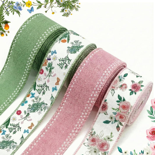 Spring Wired Ribbon 4 Rolls Green Red Floral Fabric Ribbons 1.5 Inch x 24 Yards Set Summer Flower Pattern for Wreaths Bows Making Gift Wrapping DIY Crafts Party Decor