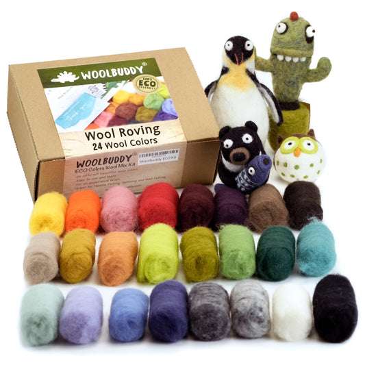 Woolbuddy Wool Roving Kit – 24 Assorted Corriedale Colors with Felting Guide – Premium Corriedale Wool for Needle & Wet Felting, Holiday Crafts & Handmade Gifts – Natural Eco Wool Refill Set