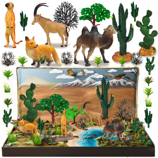 MOMOONNON 34pcs Desert Animal Figures Mixed Diorama Model Plants Artificial Animals with Camel Fox Meerkatz Gazelle for Crafts Building Model Desert Scenery Landscape Supplies