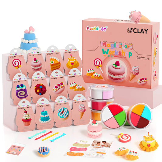 Air Dry Clay Kit - Cake Themed, Modeling Clay for Kids, Dessert DIY Model Magic Clay with Tools and Tutorials, 12 Boxes Molding Clay, Ultra Light, Soft & Non-Sticky, Arts and Crafts Gifts for Kids
