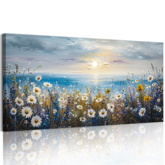 crmotu Coastal Daisy Flower Wall Art, Seaside Sunset Landscape Large Artwork, Beach Wildflower Rustic Pictures Canvas Prints, Seascape Blue Paintings Wall Decor Living Room Bedroom Kitchen 20X40 In