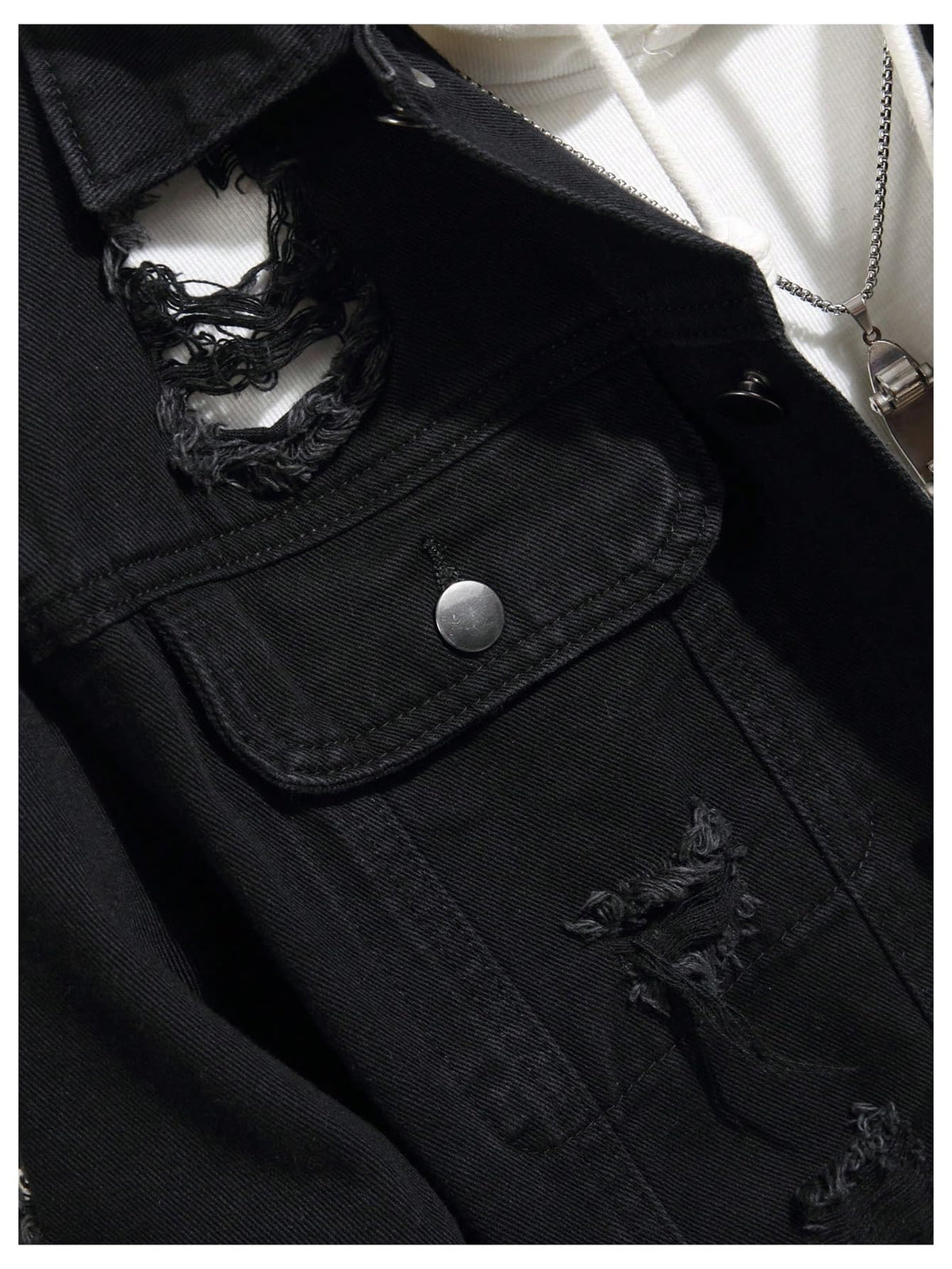 SOLY HUX Men's Ripped Denim Jacket Button Front Collared Long Sleeve Grunge Jean Jackets Streetwear Pure Black X-Large