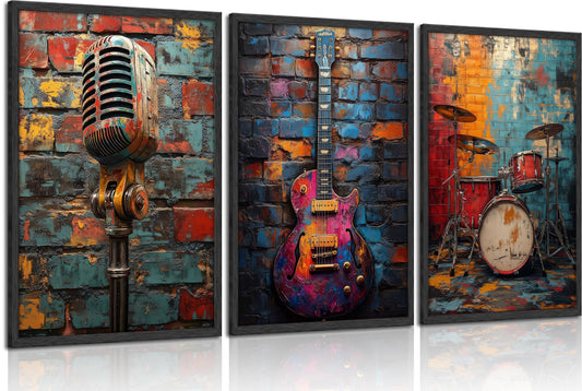 3Pcs Graffiti Musical Instruments Canvas Wall Art Cool Music Theme Posters Print Artwork Modern Colorful Room Painting Pictures Wall Decor for Studio Gallery Home Decoration 12x16In Unframed