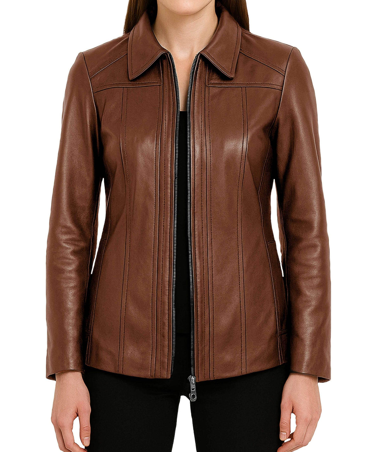 TRENDS GENESIS Brown Leather Jacket Women Genuine Lambskin Long Leather Car Coat Office Outerwear L