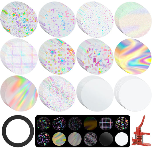 300 Pcs Badge Protective Film, Button Maker Supplies Glittering Film, with 1 Gasket,10 Styles Holographic Glitter Film,1 Style Clear & 1 Style Blank Paper for 2.25 Inch 58mm Button Maker Machine (300)