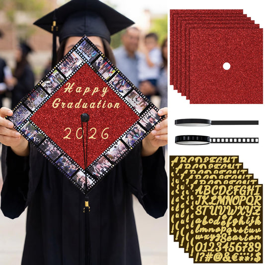 Gersoniel 6 Sets Graduation Cap Topper Decoration Kit for 2026,Glitter Cardstock,Film Style Tape & Letter Sticker Construction Paper for Graduation Cap for Grad Party Craft DIY Decor(Red)