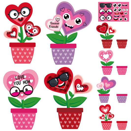 WATINC Valentine‘s Day Flower Craft Kit - 32PCS Make Your Own Heart Flowers Pot Decorations, DIY Valentine Paper Art Supplies with Stickers for Kids Adults, Homeschool Classroom Party Activities Gifts