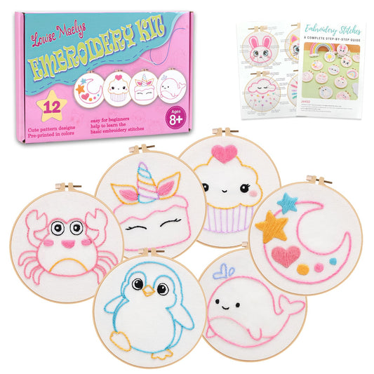 Louise Maelys Embroidery Kit for Beginners, 12 Packs Pre-Printed DIY Sewing Craft Kit,Kids Girls Cross Stitch Kit with Hoop, Threads, Needles and Scissors, Cute Animal & Cartoon Patterns