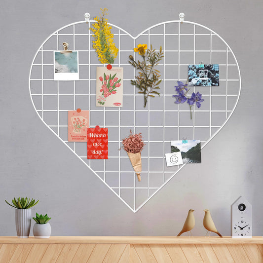 ECLENYES Grid Photo Wall Panels - 22.4"x20.4" Heart Shape Iron Rack Art Wire Board, Wall Grid Organizer, DIY Photo Frame for Home, Office, Kitchen, Bedroom, Christmas Gifts - White