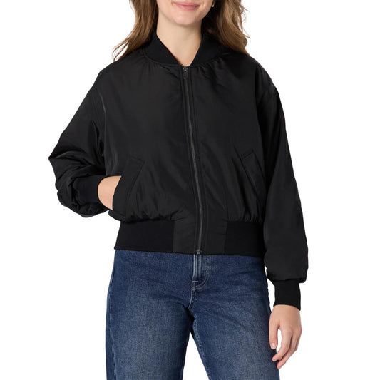 Amazon Essentials Women's Relaxed-Fit Denim Bomber Jacket, Black, X-Large
