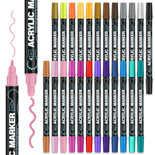 REALZEVA Acrylic Paint Markers, 24 Colors Dual Tip Acrylic Paint Pens for Rock Painting, Fabric, Wood, Canvas, Stone, Glass, Scrapbook, DIY Crafts & Art Supplies - Card Making Supplies.