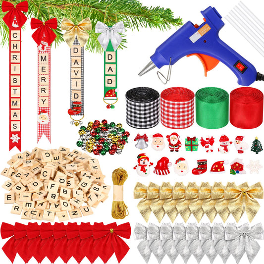 MTLEE 299 Pieces Christmas Ornaments Tree Decorations Personalized Crafts Kit DIY Ribbon Letter Tiles Bells Bows Hanging Rustic Stockings Hot Glue Gun Name Tags with Glue Sticks(Elegant)