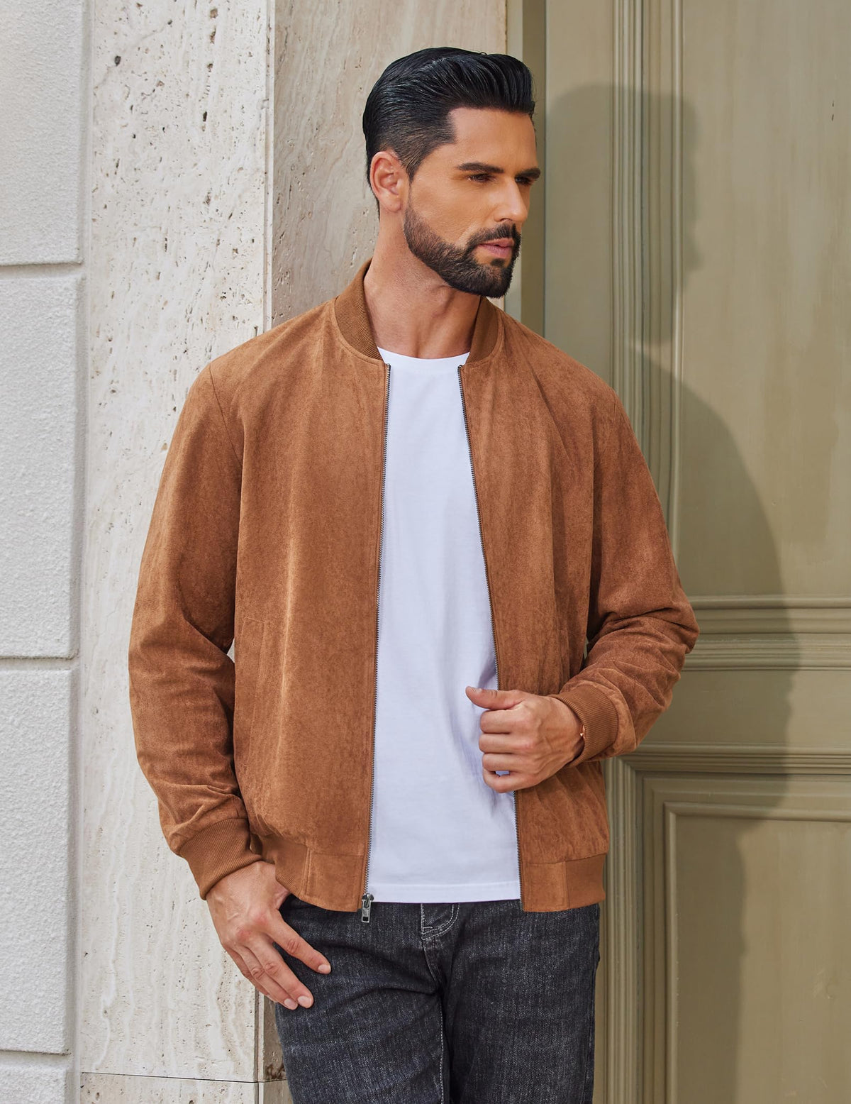 COOFANDY Mens Lightweight Faux Suede Jacket Casual Bomber Jackets Vintage Varisty Coat, Brown, Medium