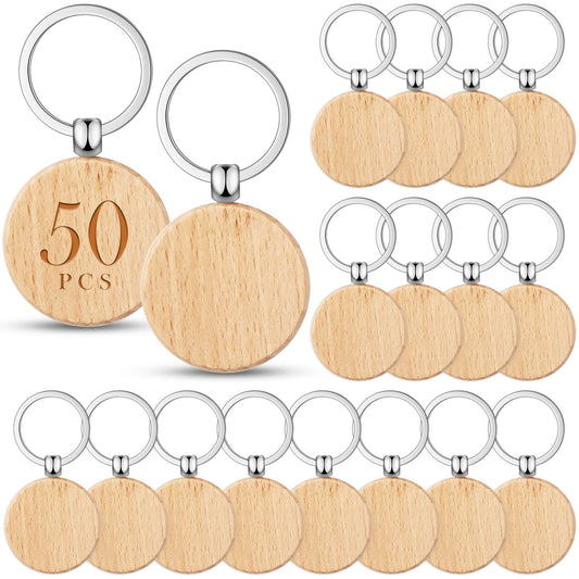 Yinkin 50 Pcs Wooden Keychain Blanks Bulk Laser Engraving Key Chain Unfinished Wooden Key Ring Tag for DIY Gift Crafts (Round 1)
