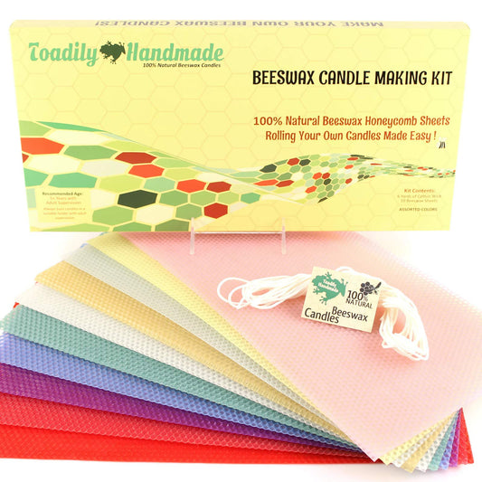Beeswax Candle Making Kit with 10 Full Size (16" x 8") Honeycomb Beeswax Sheets in Assorted Colors and 18 Feet of Cotton Wick - Candle Making Supplies for DIY Craft Kit Made in USA