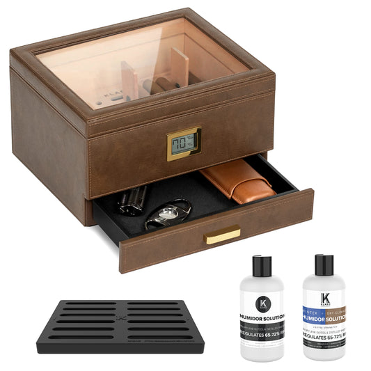 CASE ELEGANCE Belmont Glass Top Humidor Easy Humidification System, Thick Cedar, Accurate Digital Hygrometer, Leather Wrapped, Brown, Holds 30-60 Cigars