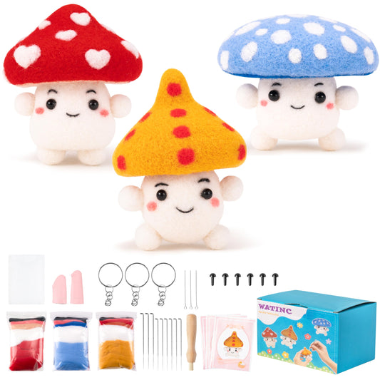 WATINC Needle Felting Kit - 3 Set Unique Different Cute Doll Wool Felt Needle Tools Foam Pad Instruction, DIY Home Decoration Craft Party Supplies for Art Work Starter Beginners (Mushroom)