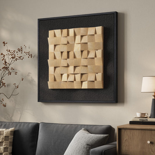Framed 3D Textured Wood Wall Art, Modern Minimalist Nature Wood Geometric Artwork for Walls, Contemporary Rustic Black Sandstone Painting Wall Decor for Living Room, Bedroom, Kitchen, Office, 28x28
