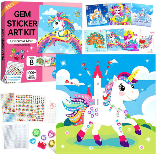Gem Art Sticker Kit, Arts and Crafts for Kids Age 4-12, 8 Unicorn Princess Themes Diamond Art Kit, Gemstone Sticker Crafts Christmas Birthday Gifts for Girls Ages 4,5,6,7,8 Year Old