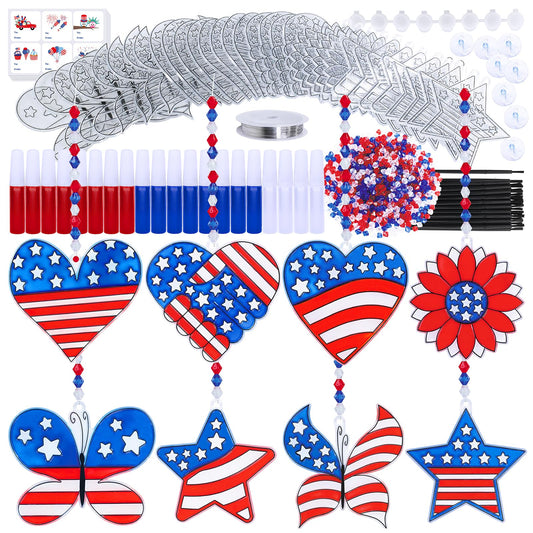 Winyn 24 Sets Patriotic Suncatchers Ornaments Decorations DIY Window Paint Art Stickers Craft Kit American Star Heart Sun Catchers for Kids Classroom 4th of July Activity Art Projects Party Favors