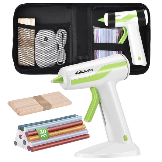 WorkBless 30PCS 0.28'' Hot Glue Gun and Sticks Set, Cordless Hot Glue Gun with 2Ah Rechargeable Battery, Smart Power-Off, Hot Glue Gun with Case,10PCS Wood Craft Sticks for Arts &Crafts, DIY