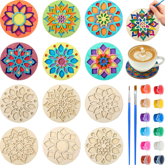DoubleFill 12 Pcs Wooden Coasters Painting Kit with Paint Art Drink Coaster Gift Craft DIY Kit for Adults, Women, Hobby, Christmas Decoration Home Apartment Decor(Mandala)