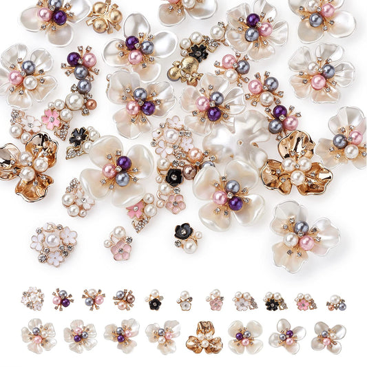 Craftdady 38pcs Rhinestone Pearl Embellishments Mixed Colors Faux Pearl Flower Flatback Cabochon Buttons for Brooches Hairband Jewelry Crafts Making