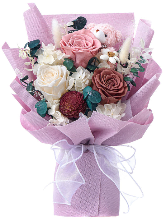 Polylove Forever Flower Bouquet Flowers for Delivery Prime Preserved Roses with Bear Gift Box for Wife Women Mother Day Anniversary Birthday (Purple)