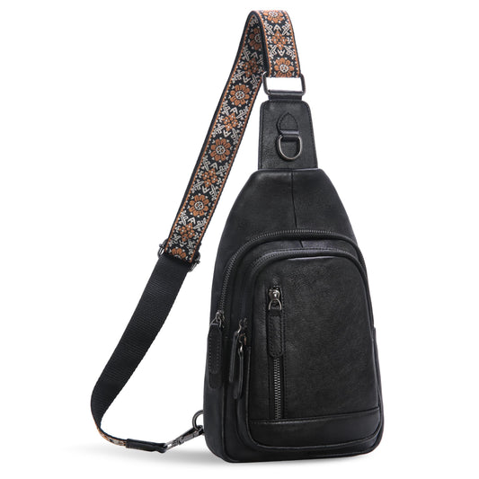 HESHE Leather Sling Bag for Women Crossbody Bags with Multi-Pocket Stylish Fanny Packs for Travel Chest Bag (Black)