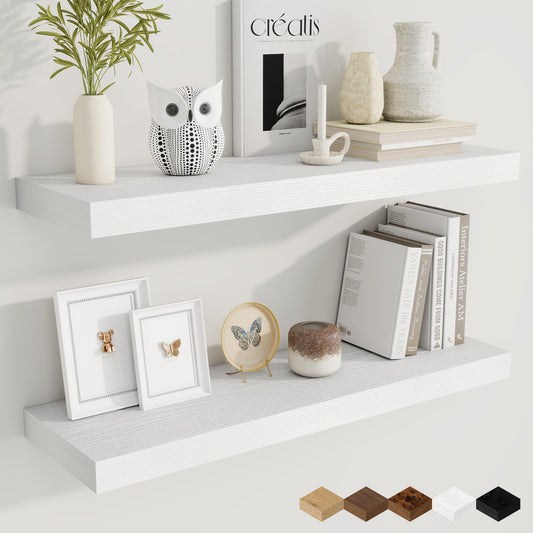Fun Memories 9.3Inch Deep Floating Shelves for Wall, 32 Inch Rustic Wood Wall Mounted Shelves for Bathroom, Bedroom, Kitchen, Deep Floating Shelf for Storage & Home Decor (White, Set of 2)