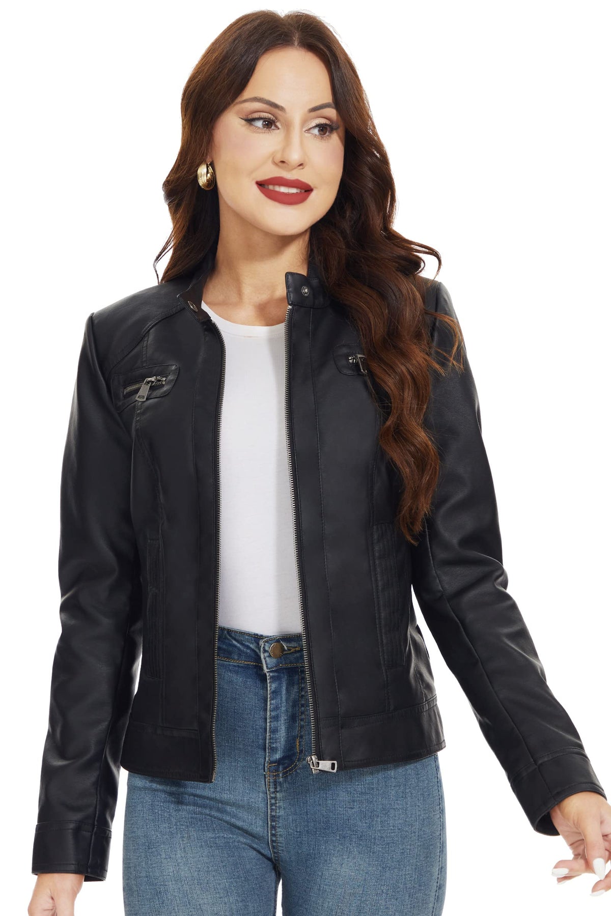 Fahsyee Women's Faux Leather Jackets, Zip Up Motorcycle Short PU Moto Biker Outwear Stand Collar Coat Size S Black