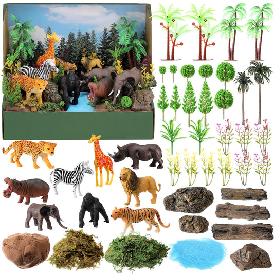 Teyva Daily 48 Pcs Jungle Diorama Kit Habitat Project Box Set Jungles Grassland Diorama Supplies Include Woodland Animal Figures Artificial Trees Fake Rocks with Gift for DIY Crafts Birthday Gifts
