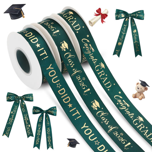 Class of 2026 Ribbon Graduation Ribbon for Flower Bouquet 3 Rolls 60 Yards Green and Gold Satin Ribbons 1 Inch Congrats Grad Ribbons for Gift Wrapping Crafts Graduation Party Decor Lei Making