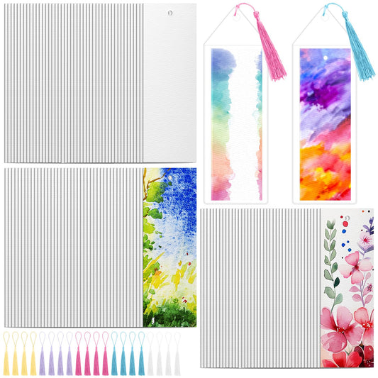 Marspark 241 Pcs Watercolor Paper Bookmarks Blank with Tassels and Sleeves Cotton White Cardstock to Paint Book Marks Craft with Hole for DIY Classroom Gifts Project Tags Bulk, 5.5 x 2 Inch