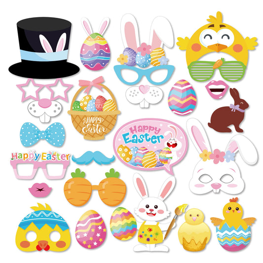 25 Pcs Happy Easter Photo Booth Props for Happy Easter Party Decoration Supplies, Easters Theme Selfie Props Photography Backdrop Decorations for Spring Easters Party Favors