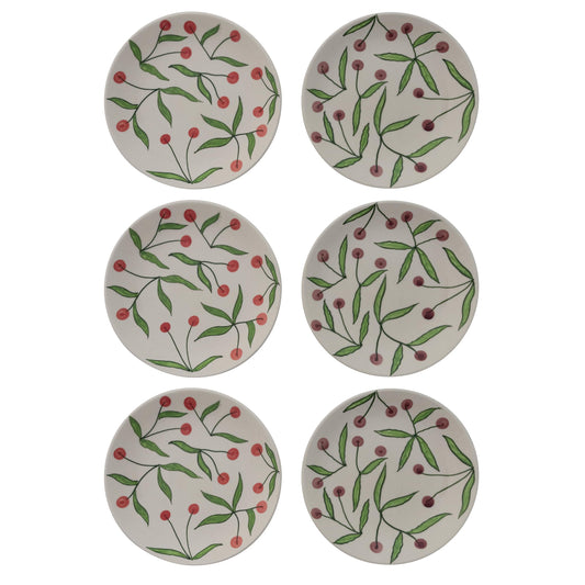 Creative Co-Op 6-Piece Round Hand-Painted Stoneware Plates with Cherries, Multicolor,