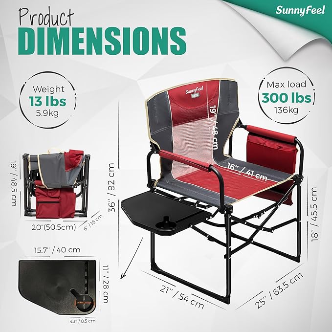 SUNNYFEEL Oversized Camping Directors Chair 2 Pack, Portable Folding Lawn Chairs for Adults Heavy Duty with Side Table,Pocket for Beach, Fishing,Picnic,Concert Outdoor, Foldable Camp Chairs