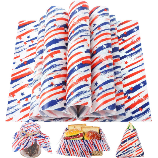 150 Sheets Patriotic Stripe & Star Wax Paper for Food Deli, 9.8 x 8.3 inch Red Blue Stars and Stripes Greaseproof Deli Sheets for 4th of July Sandwich Picnic Basket Liner Memorial Day Supplies
