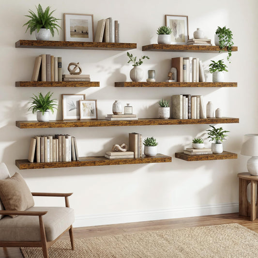 36 Inch Black Floating Shelves for Wall,9.3" Deep Long Floating Shelf Set of 2,Wood Wall Mounted Shelves Farmhouse Home Decor,Wall Storage Shelf for Bathroom Bedroom Living Room Office,Rustic Brown