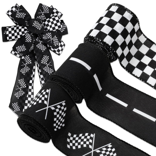 Whaline 3 Roll Racing Car Theme Wired Edge Ribbon 18 Yards 2.5 Inch Black White Checkered Decorative Fabric Ribbon for Wreath Bow Sport Team DIY Craft Gift Wrapping Supplies