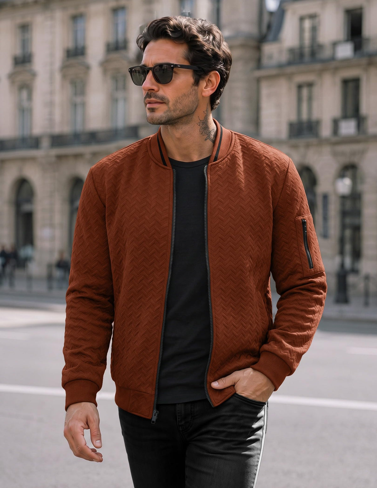 JMIERR Men's Textured Full Zip Bomber Jacket Multi Pockets,Brown,2XL