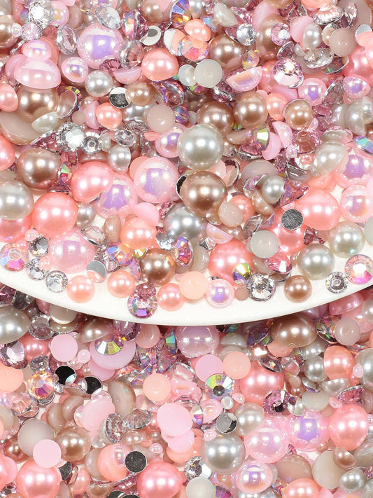 Rhinova 100g Mix Pearls and Rhinestones for Crafting, Sizes Range 3mm-10mm Pearl Beads for Bedazzler Rhinestones for Bedazzling Pearls for Crafting Sock Charms Nail Shoe Mugs (Gleaming Blush Mix)